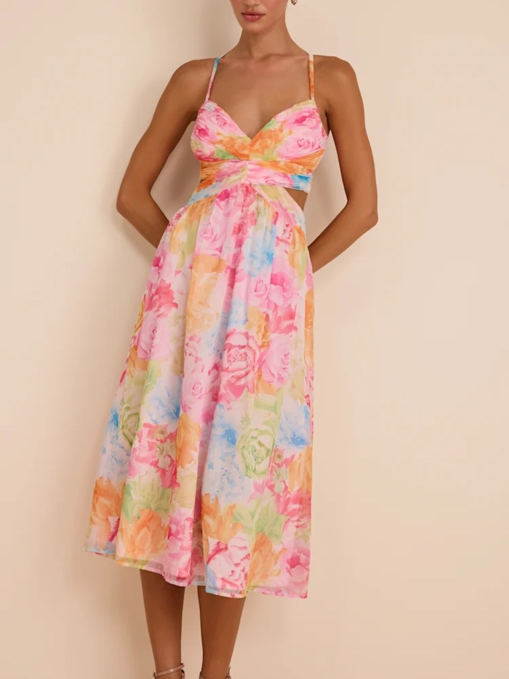 Lulu's Ettalie Pink Multi Floral Lace-Up Midi Dress